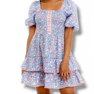 Betsey Johnson Floral Puff Sleeve Tiered Smocked Mini Dress XS Cotton Pink Blue
